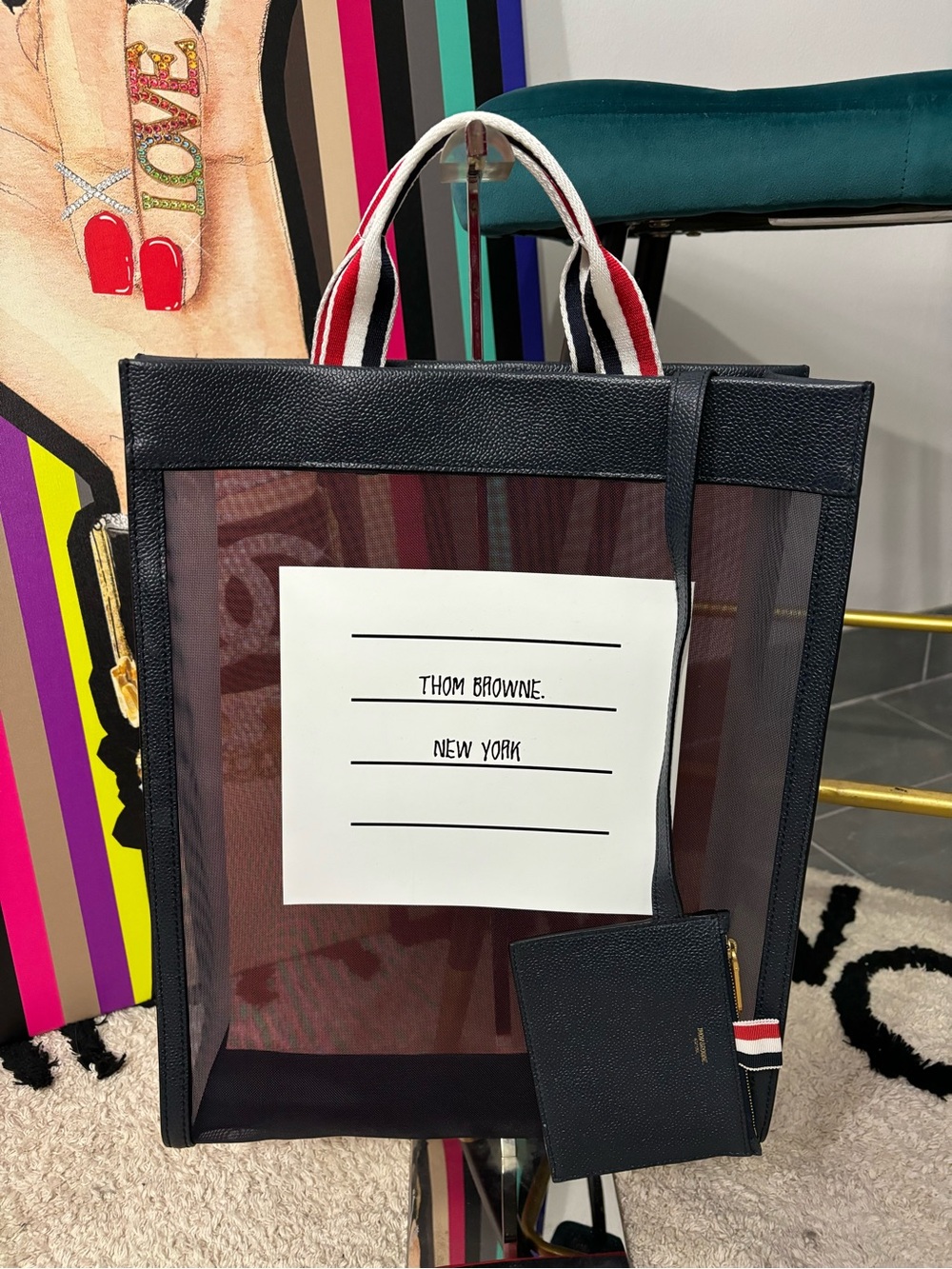 Thom Browne Black Mesh Tote with Red White Blue Tricolor Handles